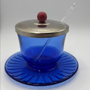 MacBeth-Evans Petalware Cobalt Blue Mustard Bowl Attached Underplate spoon lid